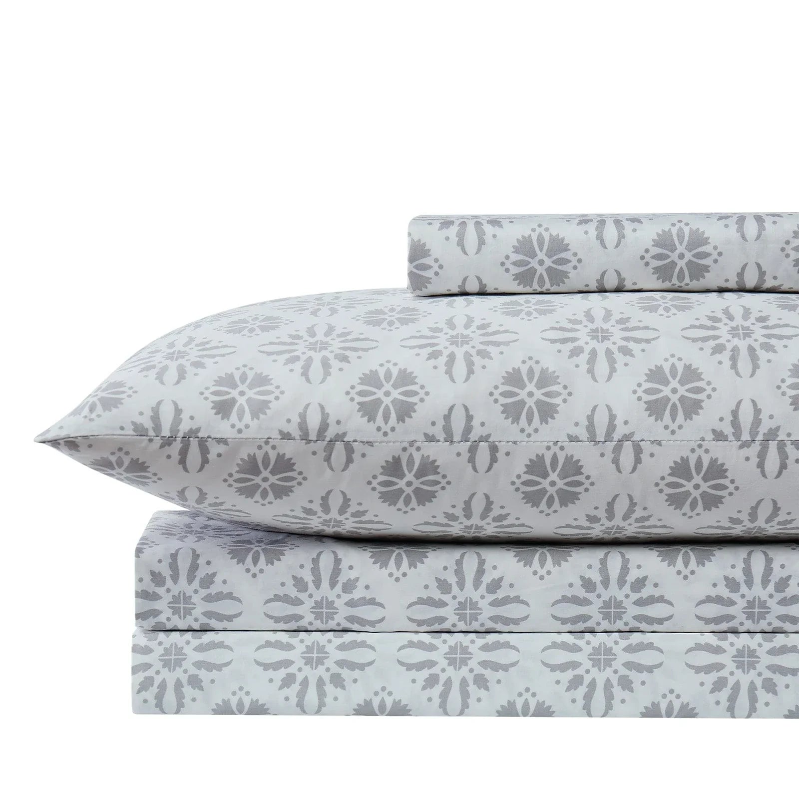 Floral Block Print Sheet Set, Grey